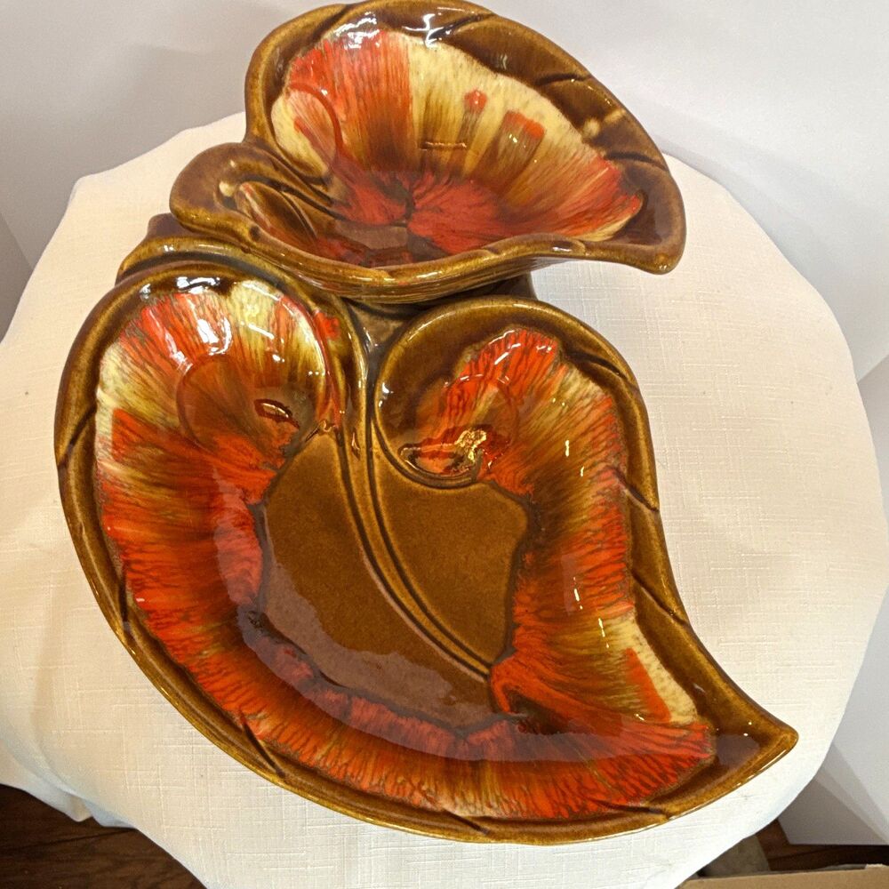 MCM Vintage Maurice of California Leaf Chip & Dip Bowl 1M-92 Orange Drip Glaze